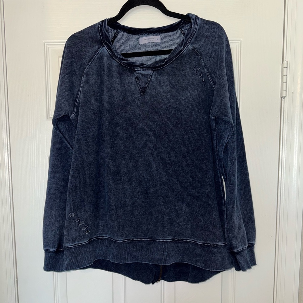 Ocean Drive Dark Blue Long Sleeve Distressed Sweatshirt